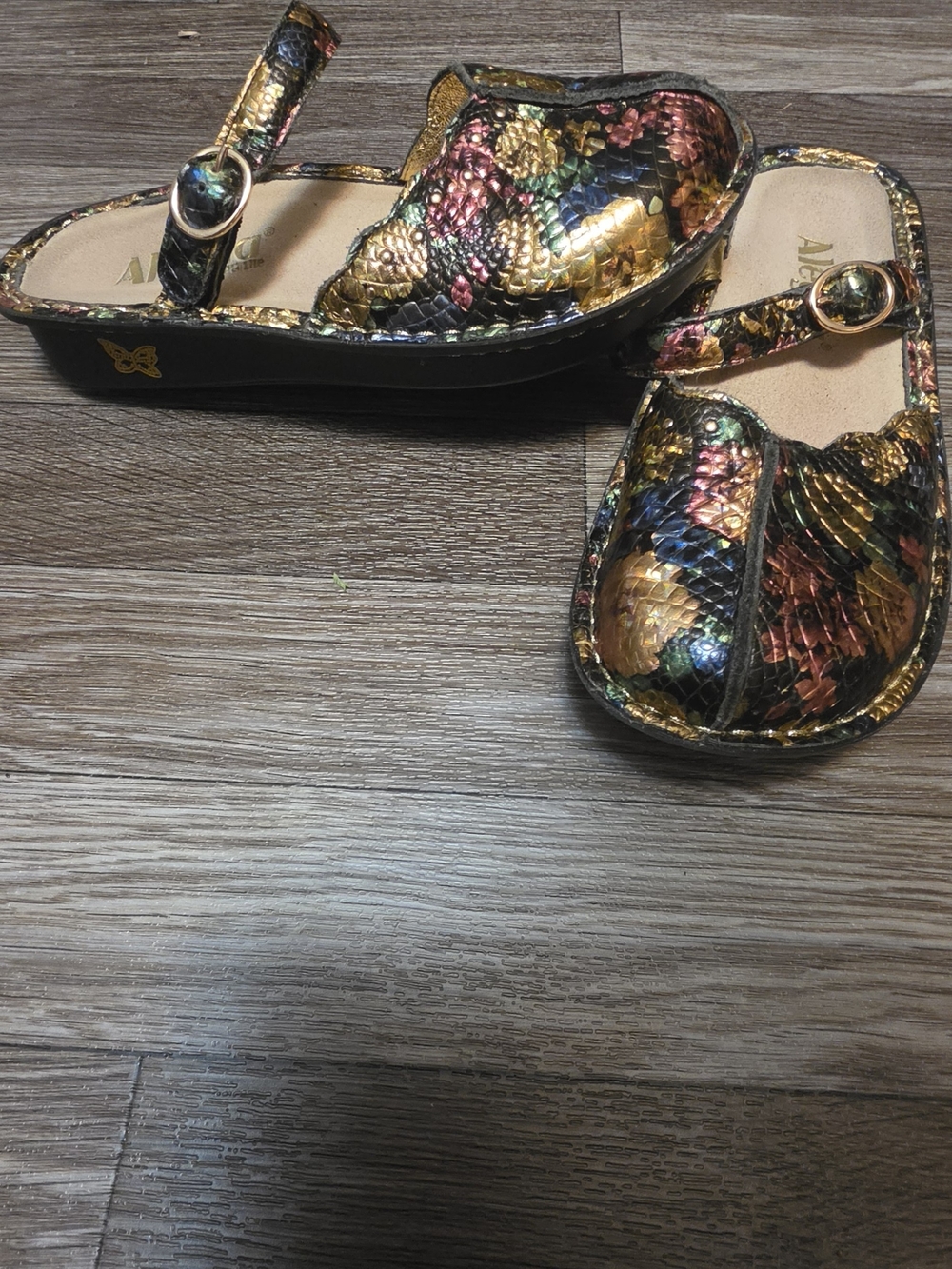 Alegria Multicolor Metallic Snake-Print Clogs